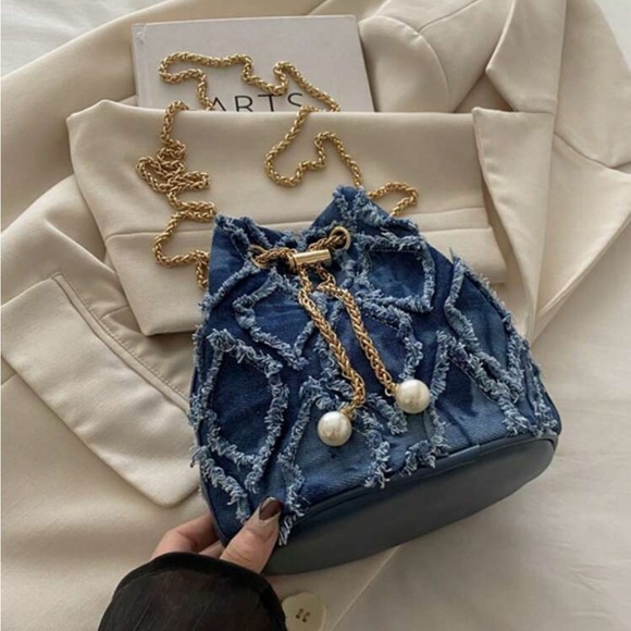 Raw Edge Denim Bucket Bag with Gold Chain Strap & Pearl Detail - Picture 7 of 7